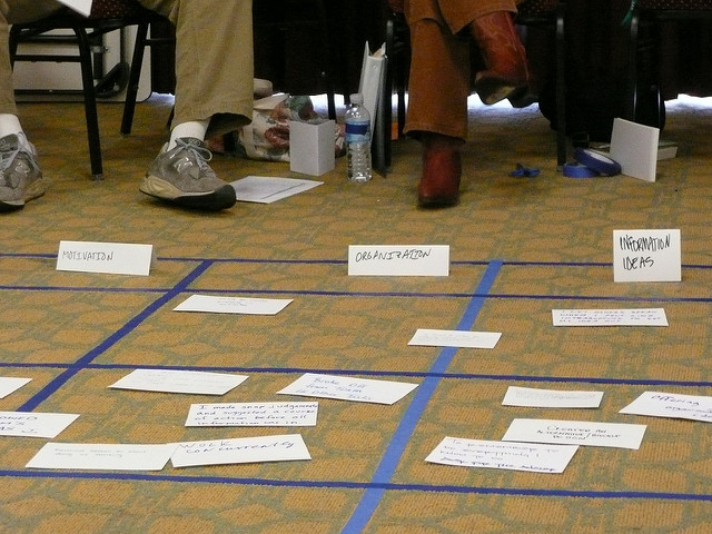 A grid made on the floor with written note cards placed in different sections.