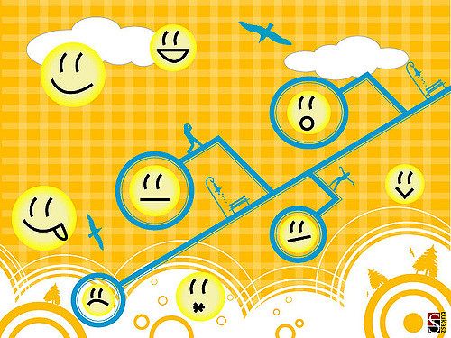 Nine smiley faces with different happy, neutral, and negative expressions, some connected to a diagonal line, surrounded by clouds and birds.