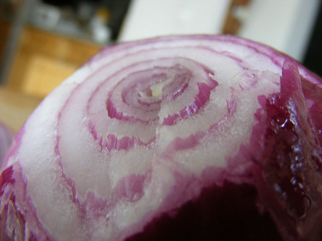 Cross section of a red onion exposing different layers.