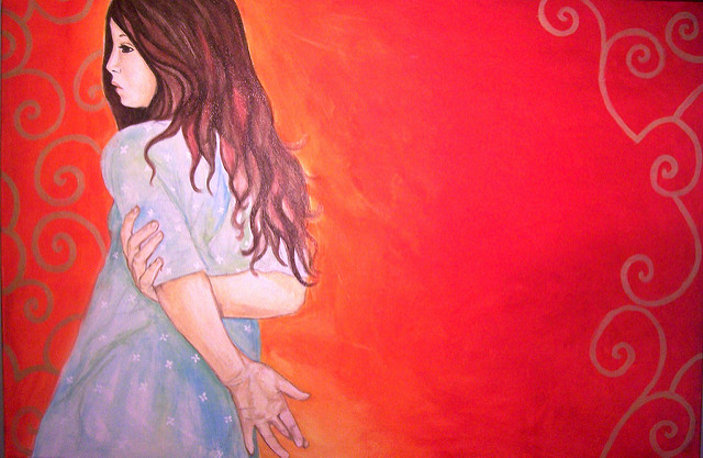 Painting of a girl with a sad face crossing her fingers behind her back.