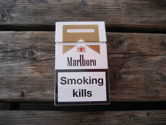 A pack of cigarettes with the words "Filter cigarettes Marlboro smoking kills."