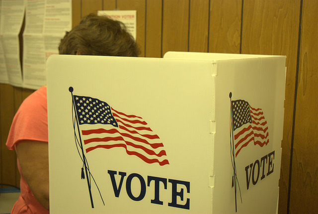 A person in a voting booth with the word "vote" and the American flag printed on the outside of the booth.