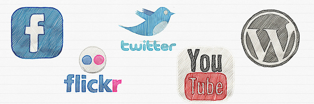 Social media logos including Facebook, Flickr, Twitter, YouTube and Design Crowd.