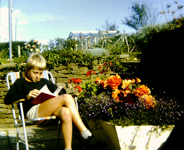 A young boy in chair reading book.