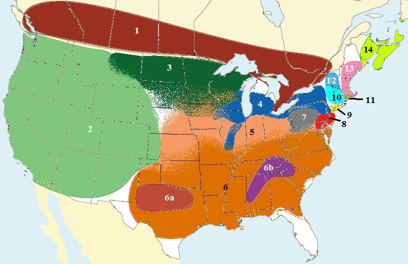 A map of the United States and Canada highlighting 14 areas of dialects, with many smaller ones in the Northeast and two small ones also in middle Texas and then arching across the southeast, while all other areas include broader groups.