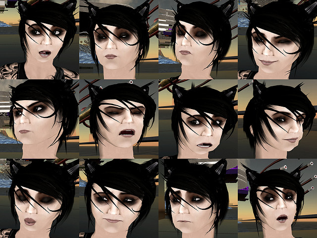 One animated person pictured with 12 different facial expressions.
