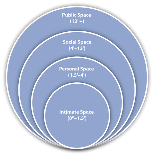 Concentric circles labeled from smallest to largest: "intimate space 0 to 1.5 inches," "personal space 1.5 to 4 feet," "social space 4 to 12 feet," and "public space 12 feet plus."